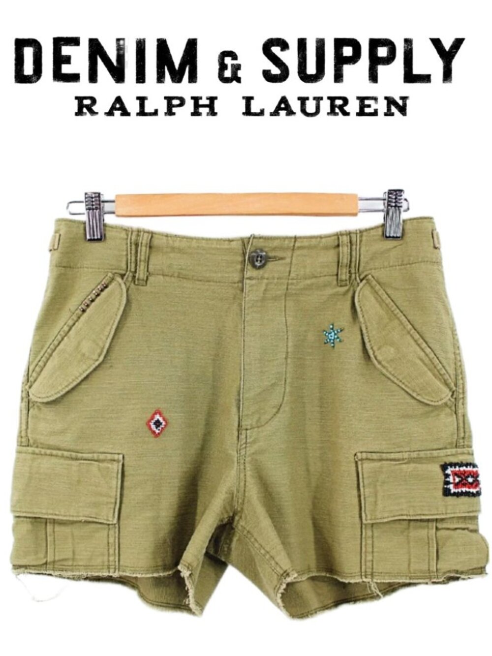 Denim And Supply Ralph Lauren Green Beaded Cargo Shorts High Rise Raw Hem